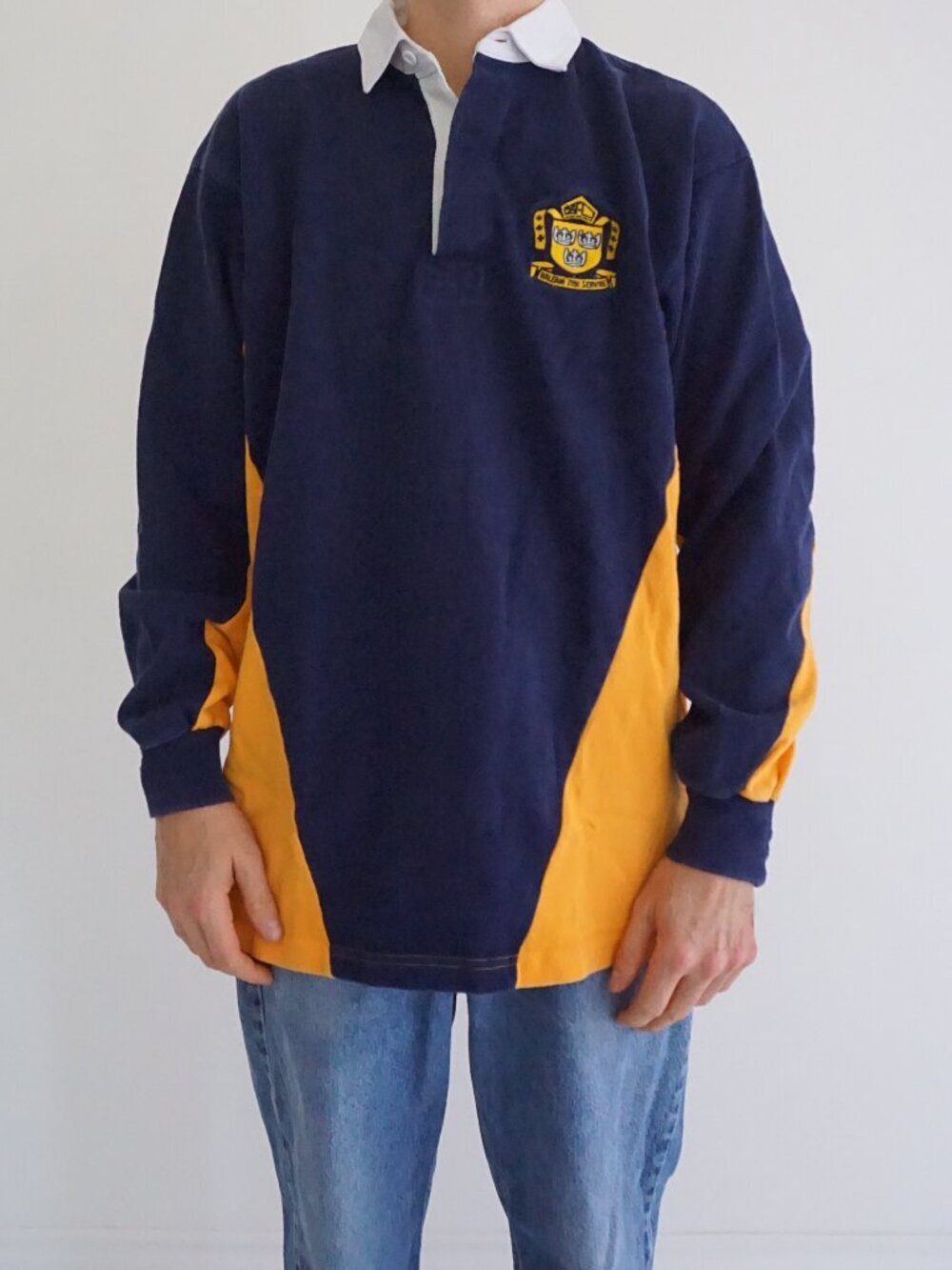 Vintage McCarthy Navy Yellow Crest Embroidered Colourblock Varsity Rugby Polo XL